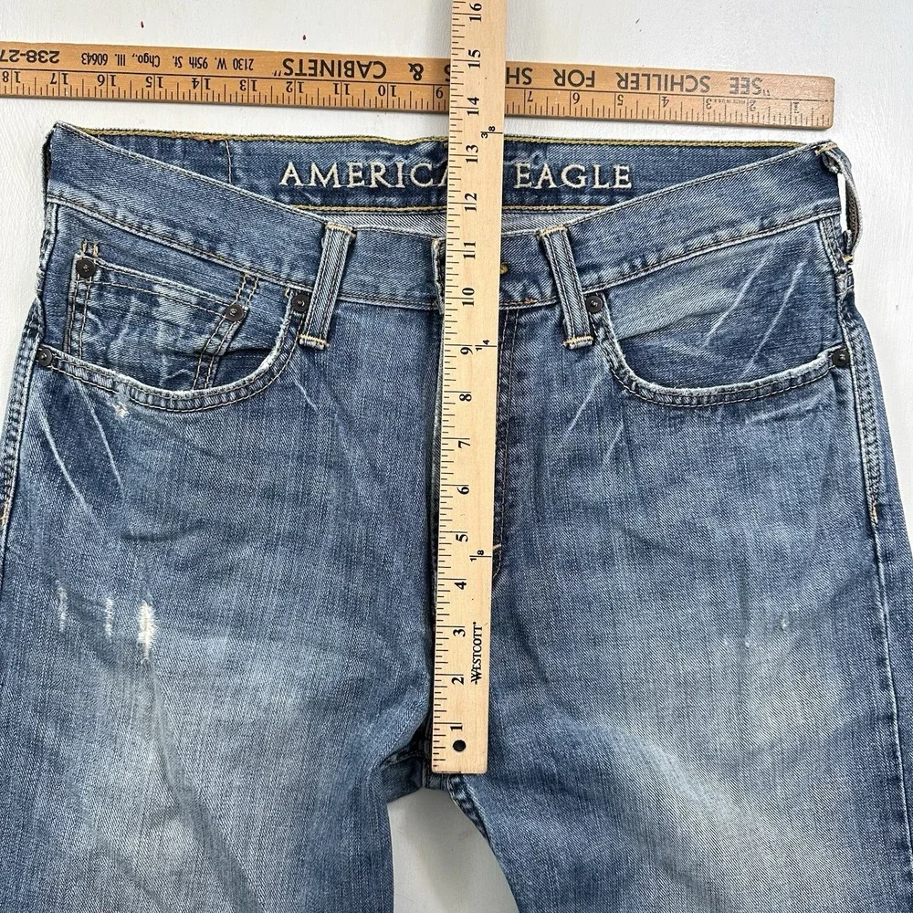 Y2K American Eagle‎ Mens Low Loose Jeans 31x30 Blue Light Wash Distressed Denim